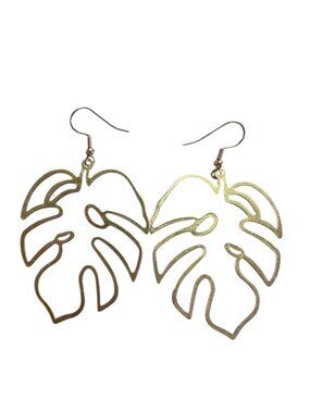 Gold Tortoise Leaf Cutout Earrings Tropical Boho Statement Brass Dangle XL